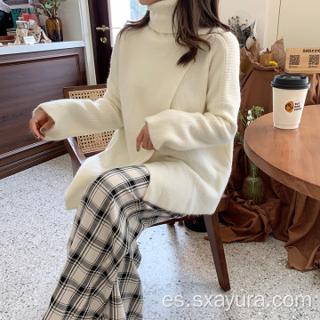 Moda invierno suéter de cuello alto irregular mujeres